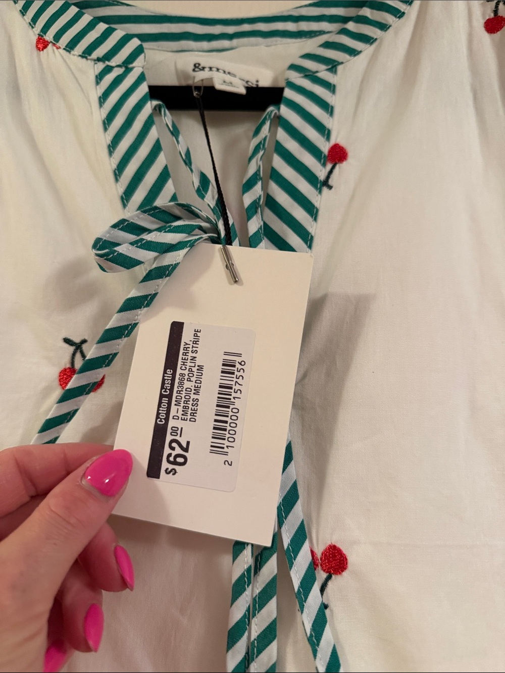 &moreci White Cotton Cherry-Embroidered Tiered Dress with Green Trim - Picture 2 of 4